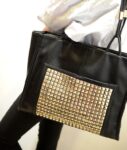 Edgy Gold Studded Black Leather Shoulder Bag