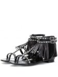 Boho Punk Tassel Studded Black Leather Sandals