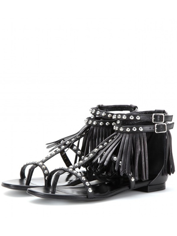 Boho Punk Tassel Studded Black Leather Sandals 2 3106