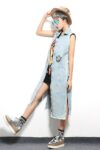 Street Style Distressed Printed Denim Long Vest
