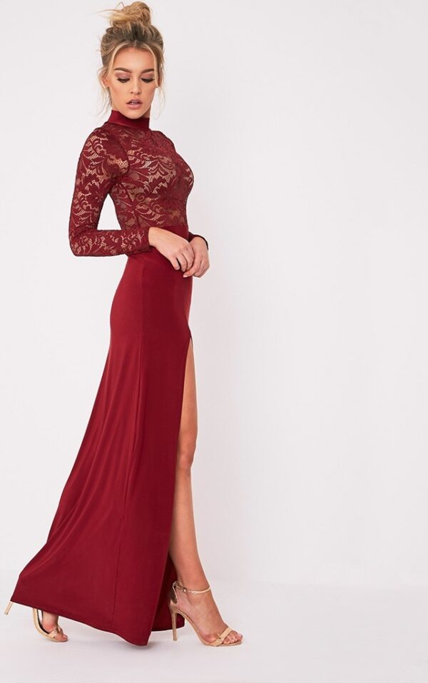Deep Slit Glamorous Burgundy Satin Evening Dress 3 4023