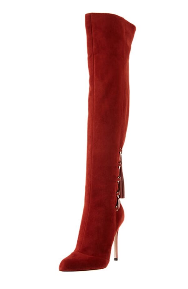 Bold Red Suede Pointed Toe Knee High Boots 2 4514