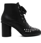 Chic Black Studded Lace Up Block Heel Booties