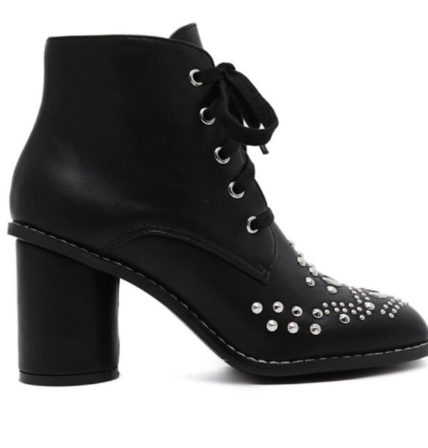 Chic Black Studded Lace Up Block Heel Booties 3 4606