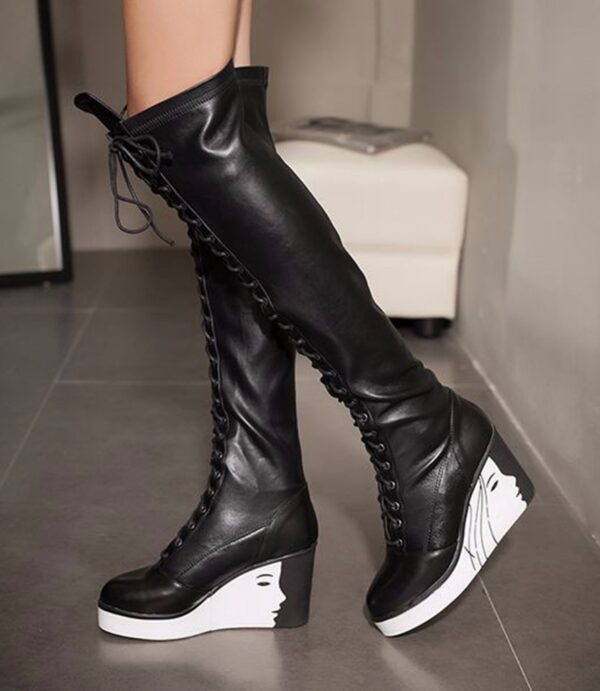 Elegant Black Platform Lace Up Knee High Boots 2 4938