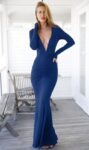 Backless Deep V-Neck Navy Midi Dress