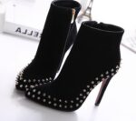 Vegan Suede Platform Heel Studded Ankle Boots