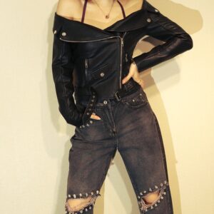 16439 black boat collar leather jacket
