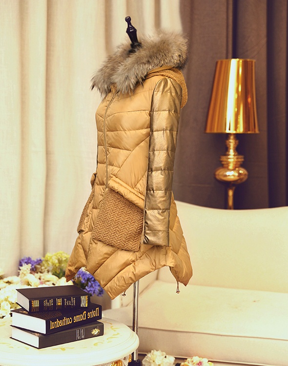 Down-Filled Hooded Raccoon Fur Trim Gold Sleeved Jacket 7 686