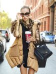 Down-Filled Hooded Raccoon Fur Trim Gold Sleeved Jacket