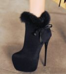 Ultra Slim High Heel Fur Trim Shiny Platform Booties