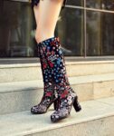 Vibrant Floral Embroidered Black Suede Heeled Boots