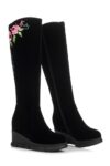 Boho Floral Embroidered Wedge Heel Suede Boots