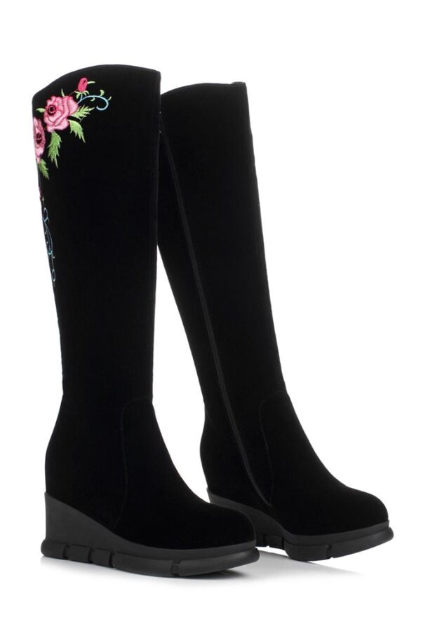 Boho Floral Embroidered Wedge Heel Suede Boots 2 8156
