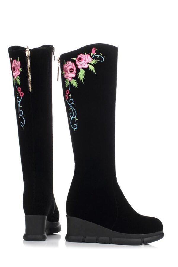 Boho Floral Embroidered Wedge Heel Suede Boots 4 8156