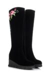 Boho Floral Embroidered Wedge Heel Suede Boots
