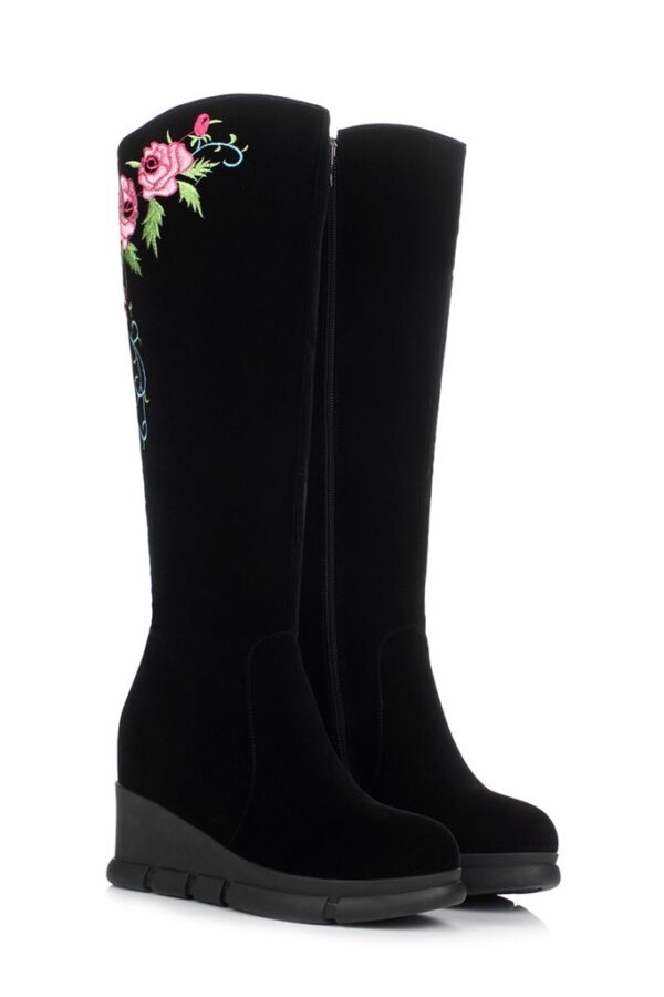 Boho Floral Embroidered Wedge Heel Suede Boots 3 8156