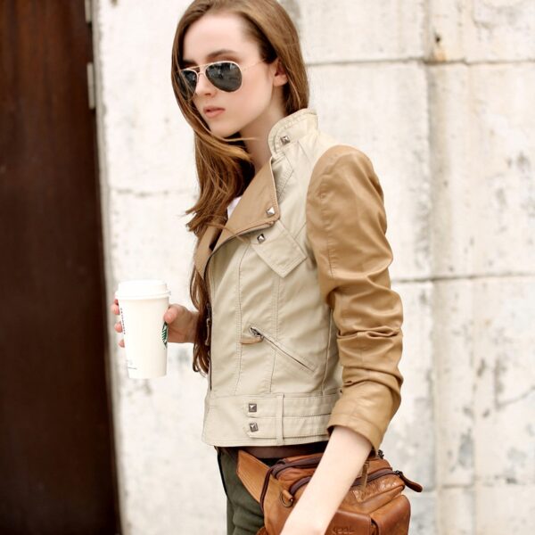 Slim Fit Vegan Leather Jacket in Cream 3 872