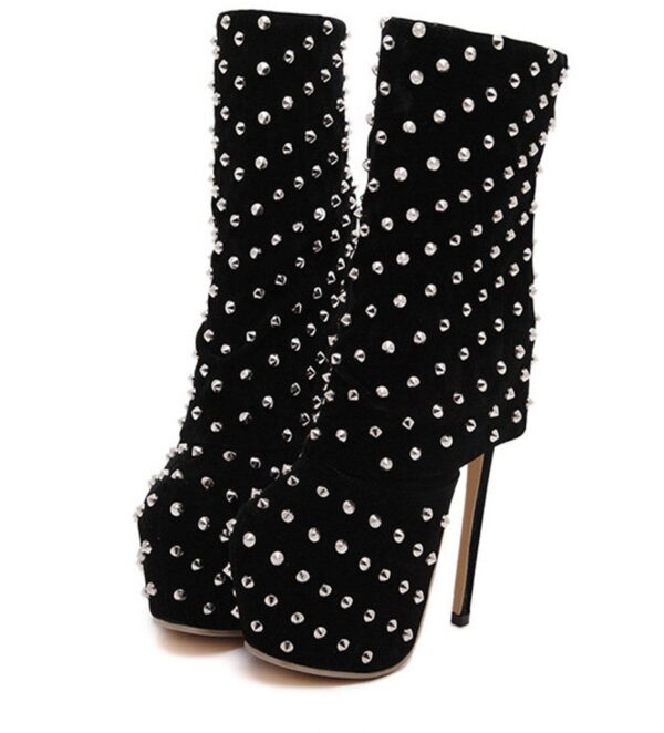 Edgy Black Studded Ultra High Platform Stiletto Booties 5 9007