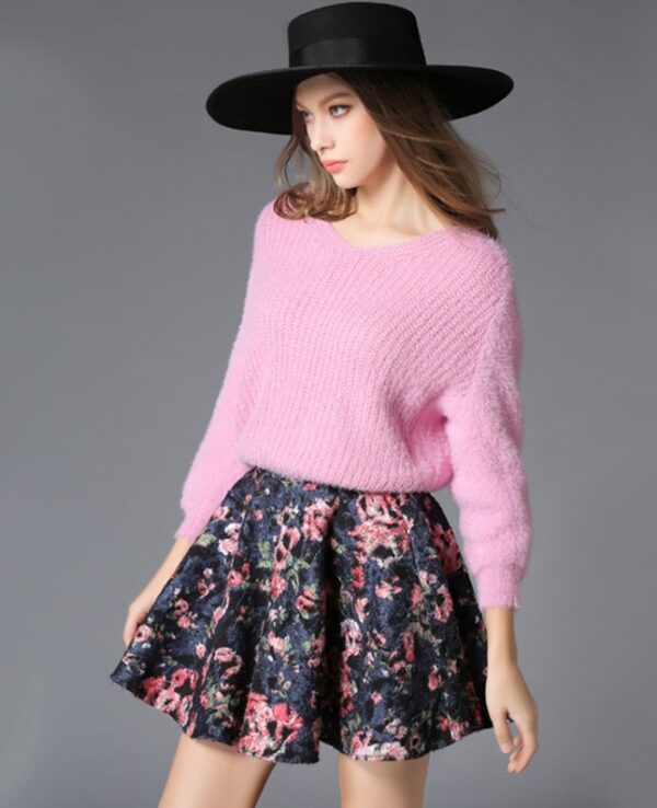 Two-Piece Knit Sweater and Floral Mini Skirt Set 2 972
