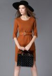 Asymmetric Hem Midi Office Dress in Tan