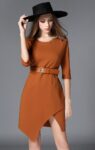Asymmetric Hem Midi Office Dress in Tan