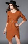 Asymmetric Hem Midi Office Dress in Tan