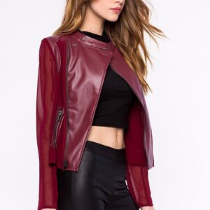 Vegan Leather Cropped Chiffon Sleeve Jacket