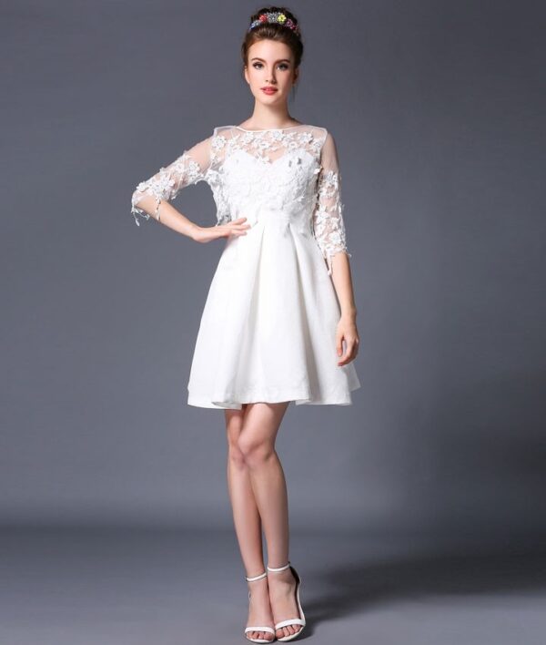 Elegant Half-Sleeve Lace Pleated Cotton Dress 2 364