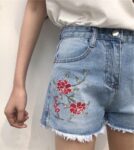 Boho Floral Embroidered Fringe High Waist Denim Shorts