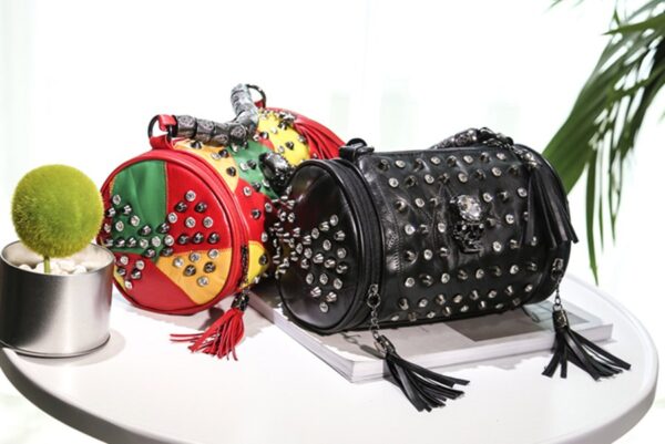 Punk Skull Crystal Studded Genuine Leather Barrel Bag 2 4421