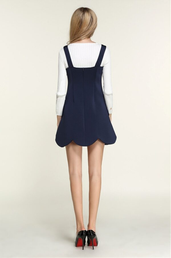 Navy Long Sleeve Knit Asymmetric Ribbon Two-Piece Dress 3 446