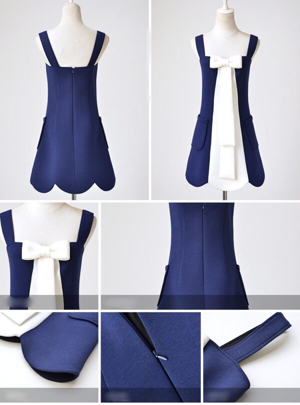 Navy Long Sleeve Knit Asymmetric Ribbon Two-Piece Dress 6 446