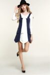 Navy Long Sleeve Knit Asymmetric Ribbon Two-Piece Dress