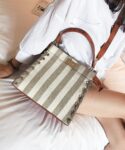 Elegance Striped Woven Canvas Genuine Leather Tote Bag