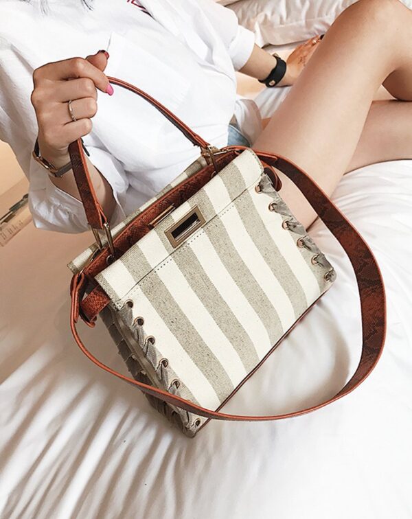 Elegance Striped Woven Canvas Genuine Leather Tote Bag 4 4509
