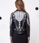 Bold Ethnic and Metal Stud Pattern Leather Biker Jacket
