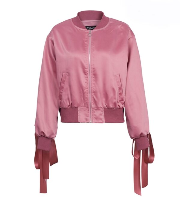 Chic Bow Detailed Pink Satin Bomber Jacket 4 6043