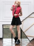 Red Vegan Leather Mandarin Collar Jacket