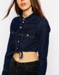 Blue Crop Top Long Sleeve Denim Shirt