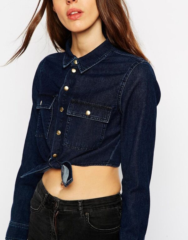 Blue Crop Top Long Sleeve Denim Shirt 3 675
