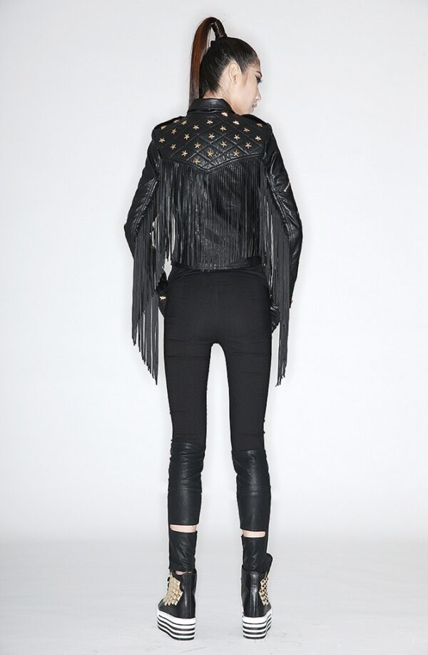 Edgy Studded Fringe Black Leather Jacket 4 964