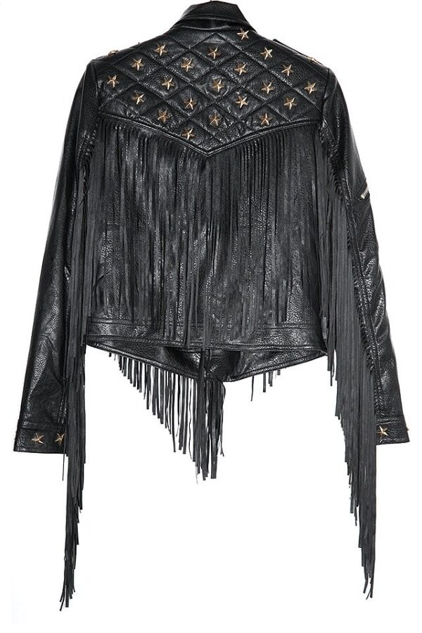 Edgy Studded Fringe Black Leather Jacket 5 964