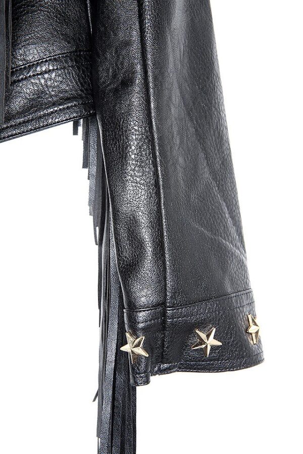 Edgy Studded Fringe Black Leather Jacket 6 964