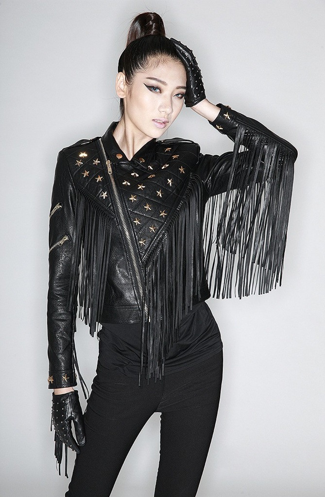 2026 Autumn Winter Women's Outerwear: Luxe Jackets, Fur Coats & Cozy Knitwear Essentials 34 Edgy Studded Fringe Black Leather Jacket lifestyle