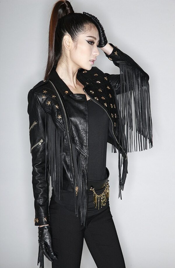 Edgy Studded Fringe Black Leather Jacket 3 964