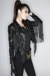 Edgy Studded Fringe Black Leather Jacket