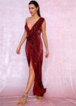 Elegant One Shoulder Sequin Slit Gown