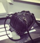 Studded Double Strap Genuine Leather Shoulder Bag