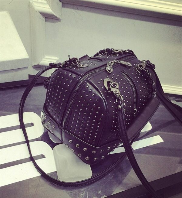 Studded Double Strap Genuine Leather Shoulder Bag 3 270